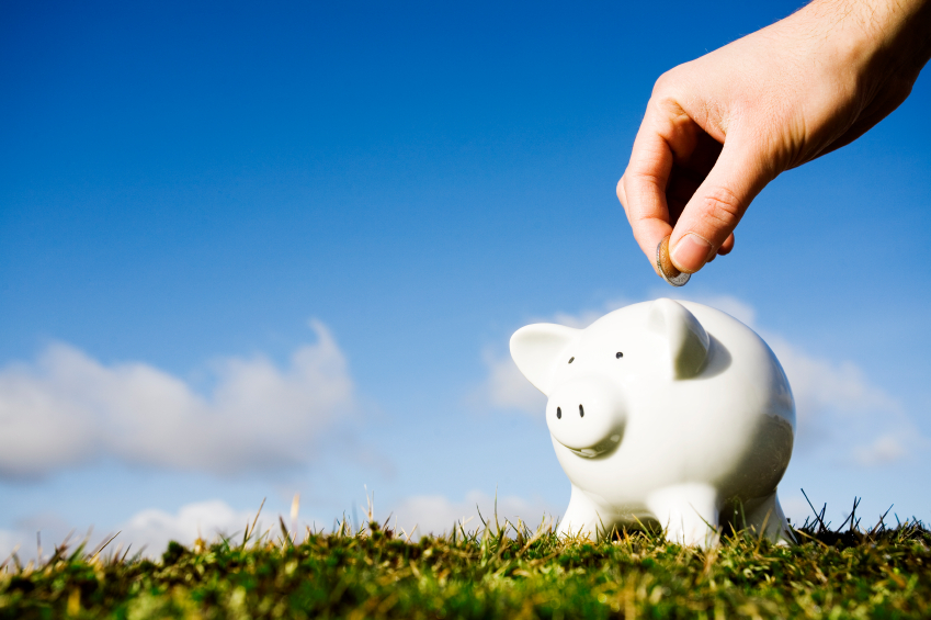 piggy bank on grass with blue skies.