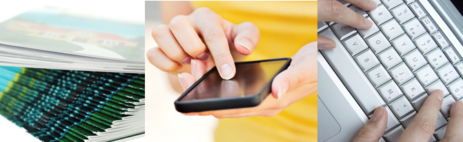 three images side by side showing a pile of books, finger on mobile and hands on keyboard