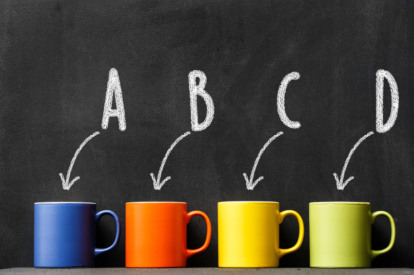 Arrows pointing to colourful mugs with arrows, A,B, C, D