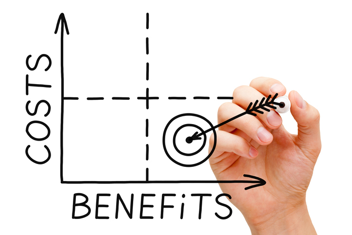 Hand drawing Costs-Benefits graph with black marker isolated on white.