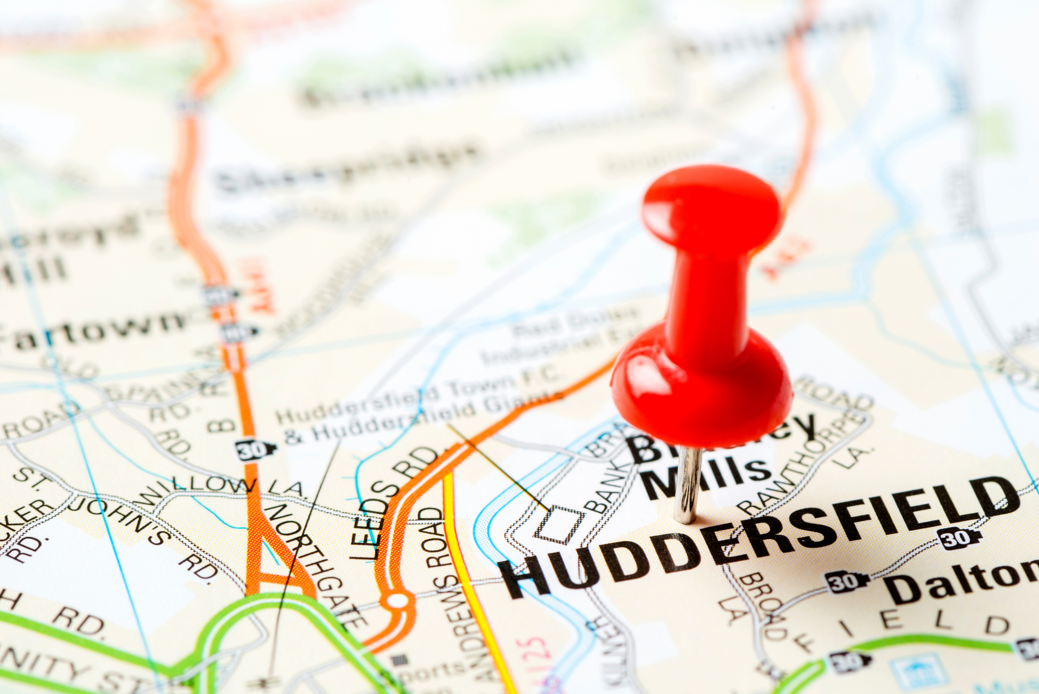 red pin on huddersfield on map