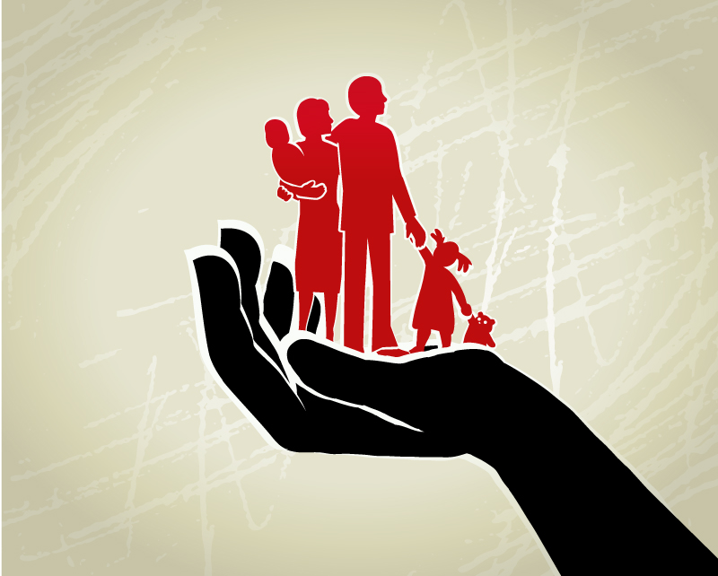 Parents and children standing on a giant protective hand