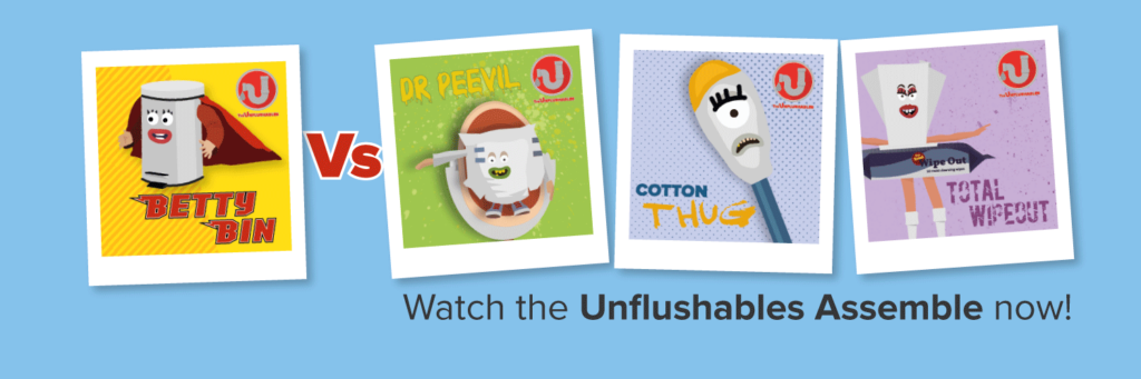 The Unflushables cast - Betty Bin takes on Dr Peevil, Cotton Thug and Total Wipeout