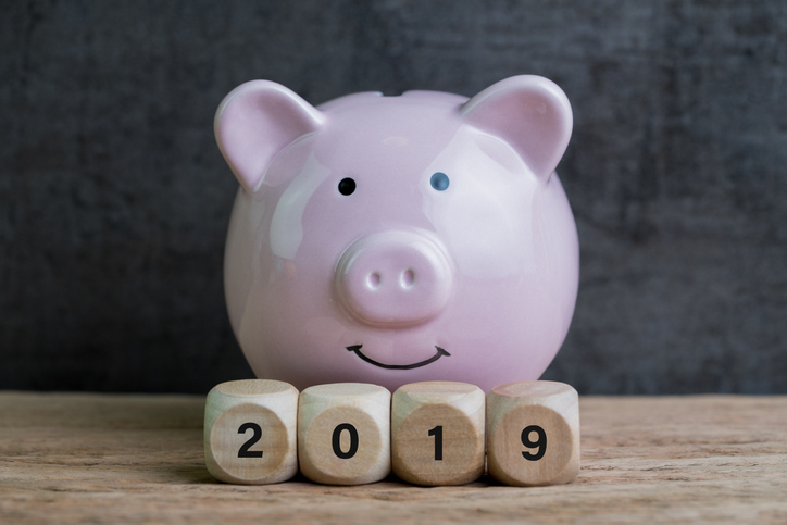 Year 2019 financial goal, happy smiling pink piggy bank with wooden cube block with number 2019 on table and dark black background.