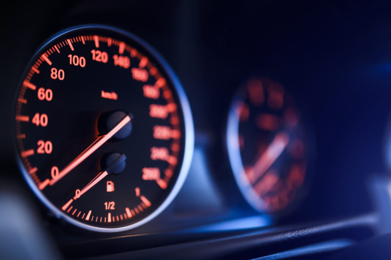 Close-up view of car speedometer
