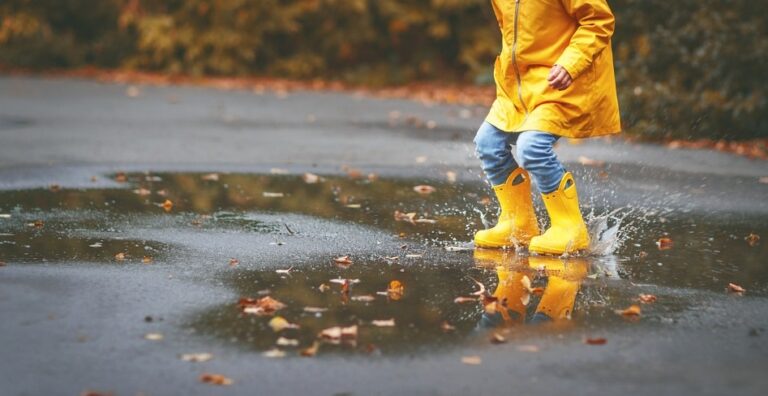 legs of child in yellow rubber boots in a puddle in autumn