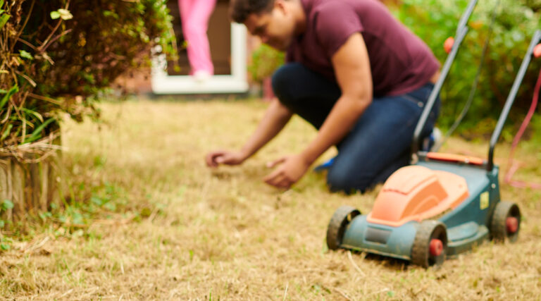 Man inspecting dried grass due to dry weather