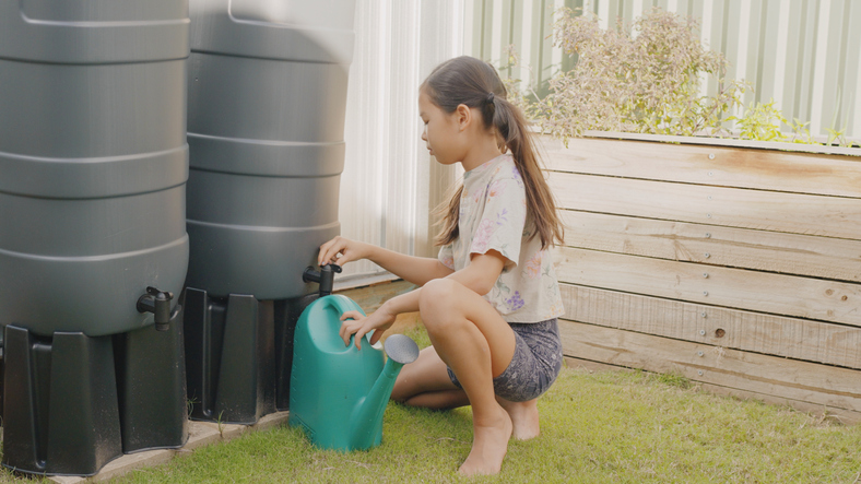 preteen girl getting water from rainwater butt for watering