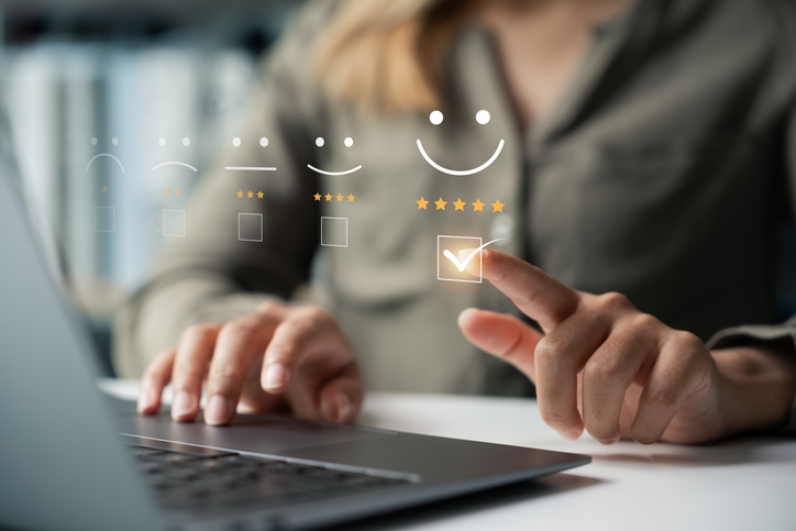 Customer satisfaction survey, woman using laptop, rate your opinion Happy smile face icon, customer survey.