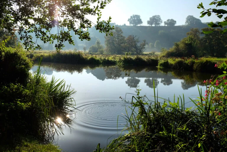 Ripples and morning light along the River Wey in Guildford, Surrey, UK
