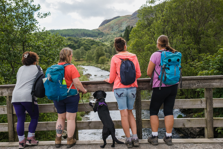 Female friends on a hike together in Broughton-in-Furness, Lake District with one of their dog. The dog is standing on its hind legs to look at the view too.